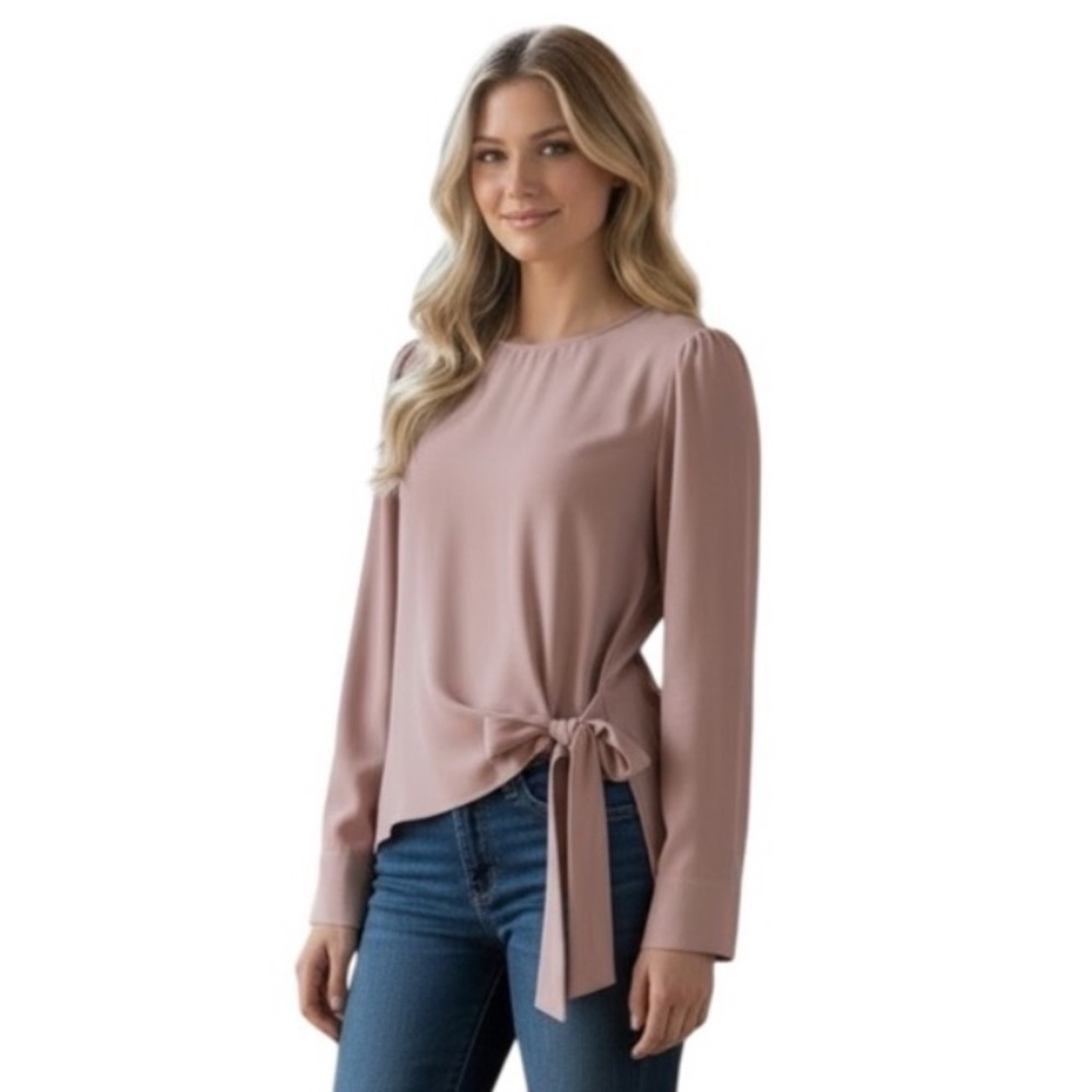 Blush Pink Side Tie Bow Blouse Long Sleeve Office Top Womens Size L Versona
